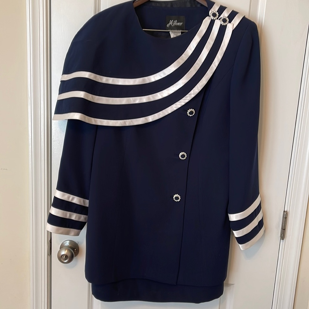 MILANO 3-Piece Navy & White Skirt Set With Cape, Rhinestone & Fabric Buttons